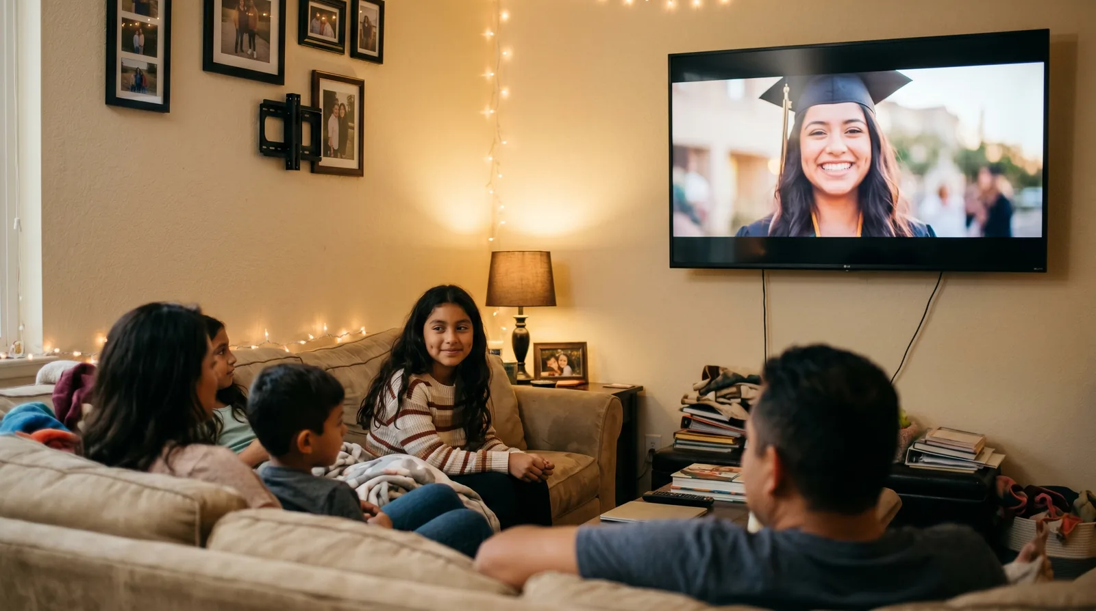 GradFilm playing on a living-room TV with family watching